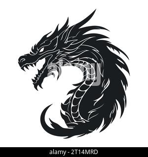 Drachenkopf-Silhouette. Dragon-Logo. Schwarz-weiß-Bild des Drachenkopfes isoliert auf weiß. Vektorabbildung. Stock Vektor