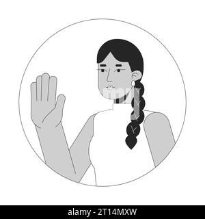 Winkende hübsche indische Frau mit langer geflochtener schwarzer und weißer 2D-Vektor-Avatar-Illustration Stock Vektor
