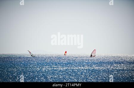 Windsurfsegel auf dem blauen Meer. Ägypten Dahab. Stockfoto