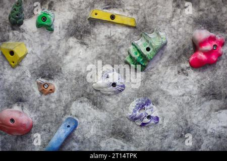 Graue Wand mit Klettergriffen im Fitnessstudio, Nahaufnahme. Stockfoto
