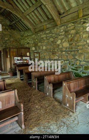 Eglwys Sant Beuno / St. Beuno's Church, Pistyll. Der Kirchenboden ist traditionell mit Sträuchern und Kräutern bedeckt Stockfoto