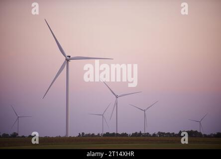 Windkrafterzeugung, Windturbinen auf Ackerland bei Nacht. Stockfoto