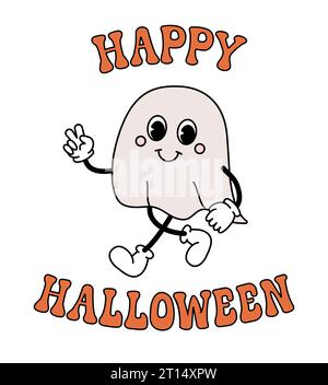Vektor-Retro-grooviger Geist und Halloween-Schriftzug Stock Vektor