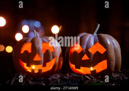 Zwei Halloween-Kürbisse in der Nacht im Park Stockfoto