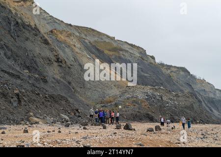 Charmouth, Dorset, Großbritannien. Oktober 2023. Die Temperaturen bleiben im Oktober in Charmouth, Dorset, höher als üblich. Die Leute suchten heute Morgen am Strand nach Fossilien und gingen mit ihren Hunden spazieren. Das Met Office hat eine gelbe Warnung vor Regen für den Südwesten Englands von 21,00 heute Abend bis morgen Nacht ausgegeben. Quelle: Maureen McLean/Alamy Live News Stockfoto