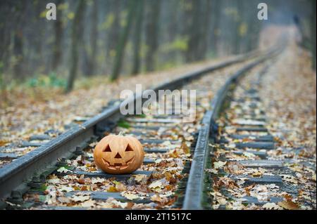 Lächelnder halloween Kürbis auf den Schienen im Wald. Selektiver Fokus. Stockfoto
