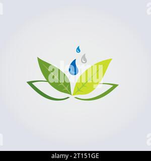 Symbol Natur, Landschaft, Laub, Blätter und Wassertropfen Design Blau Grün Farben für Logo Design Green Business Gardening Stock Vektor