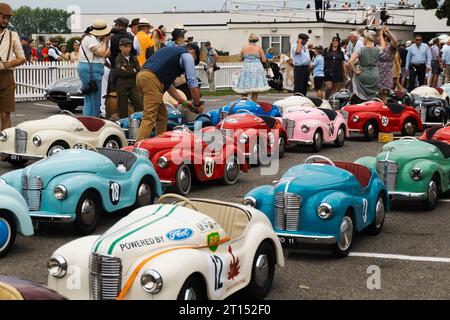 Austin J40 Pedal Cars standen im Assembly Area für das Settrington Cup Rennen, BARC Revival Meeting 2023, Goodwood Circuit, Chichester, West Sussex Stockfoto