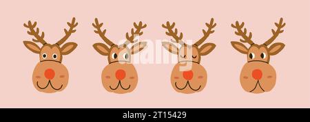 Weihnachtsraindeer Rudolf Charakter mit verschiedenen Emotionen. Weihnachts-Hirschaufkleber, Hirschcharakter. Vektorabbildung Stock Vektor