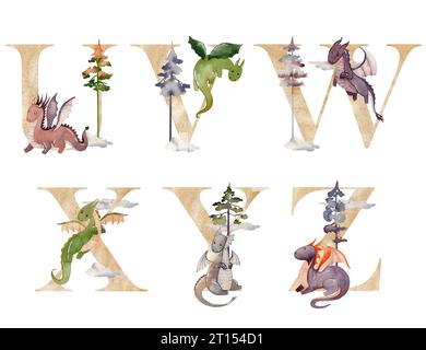 Aquarell Drachen Buchstaben für Einladungskarte, Kinderzimmer Poster, Baby Dusche und andere. Buchstaben des Tieralphabets. Stockfoto