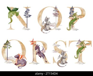 Aquarell Drachen Buchstaben für Einladungskarte, Kinderzimmer Poster, Baby Dusche und andere. Buchstaben des Tieralphabets. Stockfoto