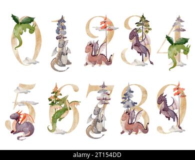 Wasserfarben Drachen Zahlen. Stockfoto