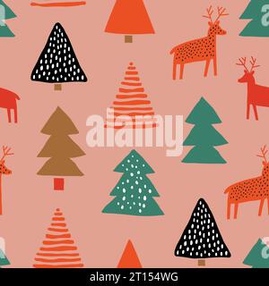 Weihnachtsbäume, Rentiermuster auf rosa Hintergrund. Handgezeichnetes Weihnachtsmuster im Cut-out-Stil. Vektorabbildung Stock Vektor