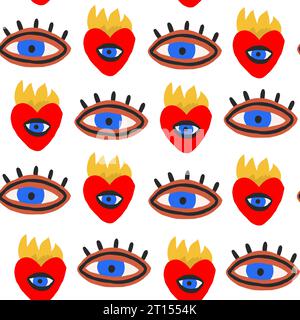 Doodle-Muster mit stylischen Herzsymbolen und Augen. Doodle-Augen-Muster auf weißem Hintergrund. Modernes Valentinstag-Muster. Vektorabbildung Stock Vektor