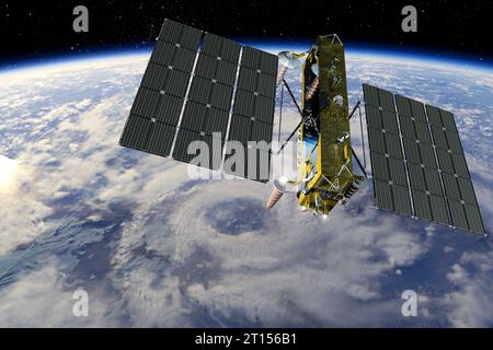 Moderner Navigationssatellit GLONASS K2 auf der Erdumlaufbahn. 3D-Rendering-Hintergrund Stockfoto