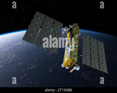 Moderner Navigationssatellit GLONASS K2 auf der Erdumlaufbahn. 3D-Rendering-Hintergrund Stockfoto