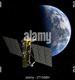 Moderner Navigationssatellit GLONASS K2 auf der Erdumlaufbahn. 3D-Rendering-Hintergrund Stockfoto