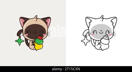 Kawaii Vektor Weihnachten Siamkatze Illustration und für Malseite. Lustige Kawaii Xmas Mammal. Stock Vektor