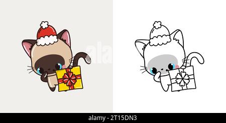 Kawaii Silvester Siam Cat Clipart, mehrfarbig und schwarz-weiß. Süßer Kawaii Weihnachtskätzchen. Stock Vektor