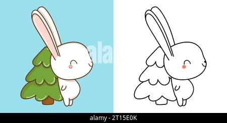 Set Weihnachtskaninchen mehrfarbig und schwarz-weiß. Kawaii Clip Art Weihnachtshase. Stock Vektor