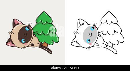 Kawaii Vector Xmas Siam Katze mehrfarbig und schwarz und weiß. Wunderschönes Weihnachtskitt Mit Clip-Art Stock Vektor