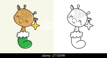 Set Weihnachtsgiraffe, mehrfarbig und schwarz-weiß. Kawaii Clip Art Afrikanisches Weihnachtstier. Stock Vektor