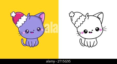 Clipart Weihnachtskatze Malseite und farbige Illustration festlegen. Kawaii Xmas Tier. Stock Vektor