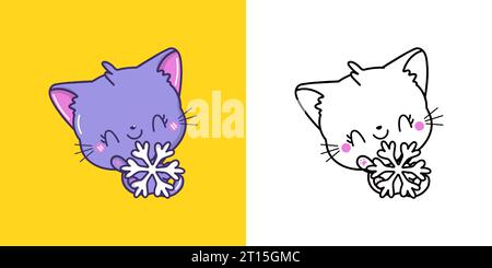 Clipart Weihnachtskatze Malseite und farbige Illustration festlegen. Kawaii Xmas Tier. Stock Vektor