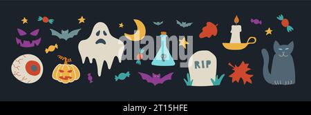 Zeitgenössische Vektorbilder zu Halloween. Handgezeichnete moderne bunte Elemente sammeln Katze, Fledermäuse, Kürbis, Geist, Grabstein und Stock Vektor