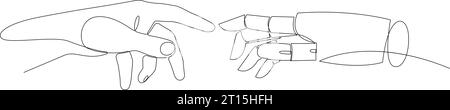 Kontinuierliche Linienzeichnung der Roboterhand mit menschlicher Hand. Künstliche Intelligenz-Konzeptdarstellung Stock Vektor