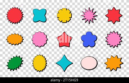 Set mit Retro-Sonnenschutz-Werbeabzeichen. Farbenfrohe Preisangebot Sterne dekorative Sonnenexplosionselemente Kollektion. Trendiger abstrakter Vintage-Callout Stock Vektor