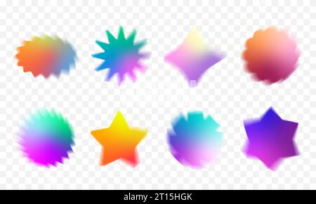 Verschwommene Sonnenstarburst-Formen mit Aura-Effekt. Farbenfrohes Preisangebot der Kollektion mit dekorativen holografischen Verlaufselementen. Trendig, verstört Stock Vektor