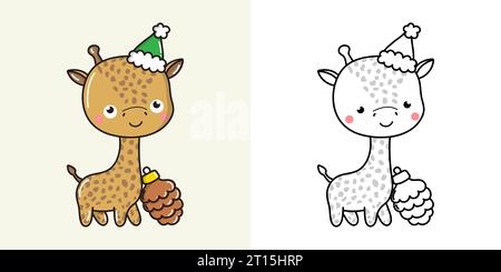 Kawaii Silvester Giraffe Clipart mehrfarbig und schwarz-weiß. Süßes Kawaii Christmas Zoo Tier. Stock Vektor