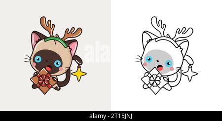 Niedliche Weihnachten Siam Katze Clipart Illustration und Schwarz-weiß. Lustige Clip-Art Weihnachten Mammal Stock Vektor