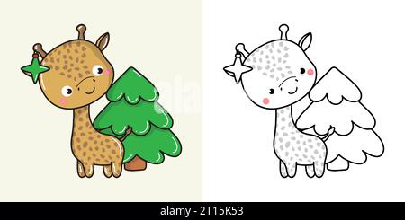 Kawaii Vector Xmas Giraffe mehrfarbig und schwarz-weiß. Schöne Clip Art Weihnachten Zoo Tier Stock Vektor