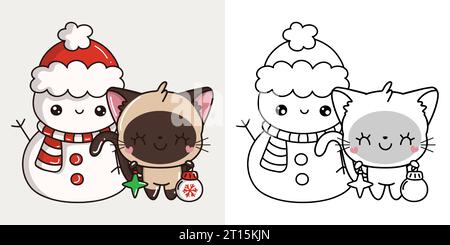 Silvester Kawaii Siamkatze für Malseite und Illustration. Entzückende Clip Art Weihnachten Katze. Stock Vektor