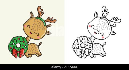 Kawaii Vector Xmas Giraffe mehrfarbig und schwarz-weiß. Schöne Clip Art Weihnachten Zoo Tier Stock Vektor