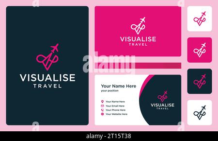 Anfangsbuchstabe V mit Umriss und Flugzeuglogo. Visitenkartendesign Stock Vektor