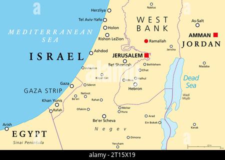Teil des südlichen Distrikts Israels, politische Karte, mit Gaza-Streifen, unterer Hälfte des Westjordanlands, Toten Meer und mit Grenzen und wichtigsten Städten. Stockfoto