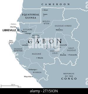 Gabun, graue politische Karte mit Provinzen. Gabunesische Republik, mit der Hauptstadt Libreville. Zentralafrikanisches Land. Stockfoto