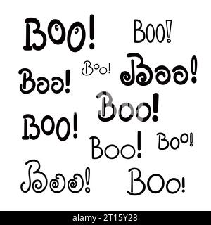 Boo traditionelle Halloween-Sätze setzen Weihnachtsdesign-Element Zitat für Poster, Grußkarte, Einladung, handgeschriebenes Wort im Zeichentrickstil, süße Schrift für Kinder Stock Vektor