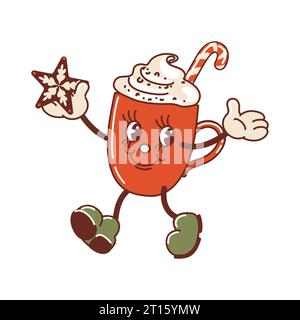 Weihnachtsgetränk im Winter. Kaffeetasse, Schlagsahne, Tanz und Lachen. Schokoladenchips, Zuckerrohr. Modischer, alter Retro-Cartoon-Stil. Vintage-Urlaub Stock Vektor