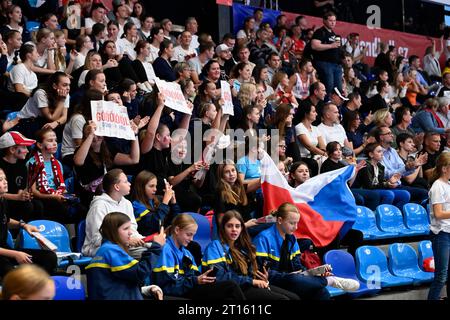 Zlin, Tschechische Republik. Oktober 2023. Tschechische Fans in Aktion während der Qualifikation der Handball-Europameisterschaft der Frauen in der Gruppe 3: Tschechische Republik gegen Finnland in Zlin, Tschechische Republik, 11. Oktober 2023. Quelle: Dalibor Gluck/CTK Photo/Alamy Live News Stockfoto