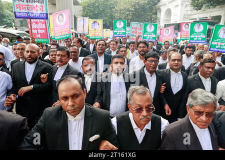 Dhaka, Bangladesch. Oktober 2023. Pro-BNP-Anwälte versammelten sich zu einem Protest und bildeten eine Menschenkette vor dem Obersten Gerichtshof und forderten, dass Khaleda Zia, Vorsitzender der BNP (Bangladesch Nationalist Party), das verfassungsmäßige Recht auf eine fortgeschrittene Behandlung im Ausland, am 11. Oktober 2023 in Dhaka, Bangladesch, bestätigt wird. Khaleda Zia wurde in das Old Dhaka Zentralgefängnis gebracht, sie wurde am 8. Februar 2018 in einem Fall des Zia Waisenhaus Trust von einem unteren Gericht verurteilt. Am 25. März 2020 wurde die BNP-Chefin auf Befehl der Exekutive aus dem Gefängnis entlassen, da sie ihr Alter und ihr humanitärer Grund berücksichtigt Stockfoto