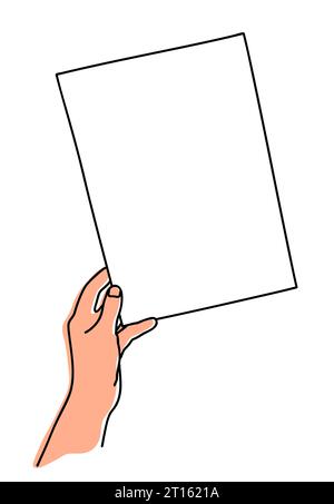 Hand mit A4 Blatt Papier, handgezeichnet mit dünner Linie. Dokument präsentieren, Memo zeigen, Bildvorlage. Vektorgrafik isoliert auf weißem BA Stock Vektor