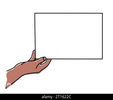 Hand mit A4 Blatt Papier, handgezeichnet mit dünner Linie. Dokument präsentieren, Memo zeigen, Bildvorlage. Vektorgrafik isoliert auf weißem BA Stock Vektor