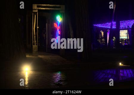 Bars auf dem Bürgersteig eines Boulevards in einer italienischen Stadt am Meer in der Nacht Stockfoto