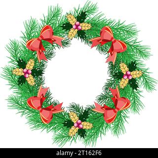 Weihnachtskranz mit Tannenzweigen, stechpalmenbeere und roter Schleife. Vektorabbildung. Stock Vektor