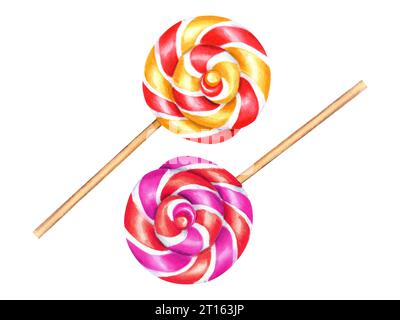 Spiralförmige Lutscher, kreisförmige Süßigkeiten. Bonbons mit gestreiften Strudeln, Zuckerkaramell am Stock. Aquarellabbildung. Köstliches Ornament für Schreibwaren Stockfoto