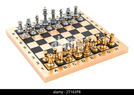 Schachbrett mit goldenen und silbernen Figuren, 3D-Rendering isoliert auf weißem Hintergrund Stockfoto
